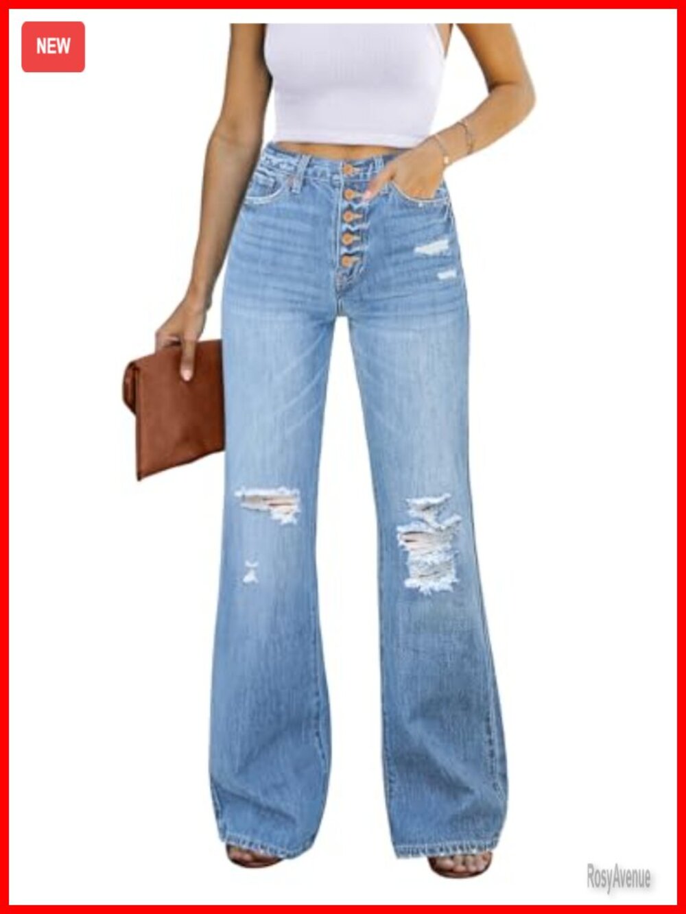 High Waist Relaxed Fit Ripped Flare Jeans Stretchy Denim Pants